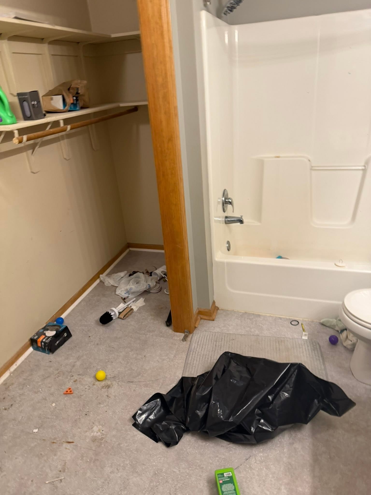 Closet and bathroom before move-in cleaning, cluttered and dusty