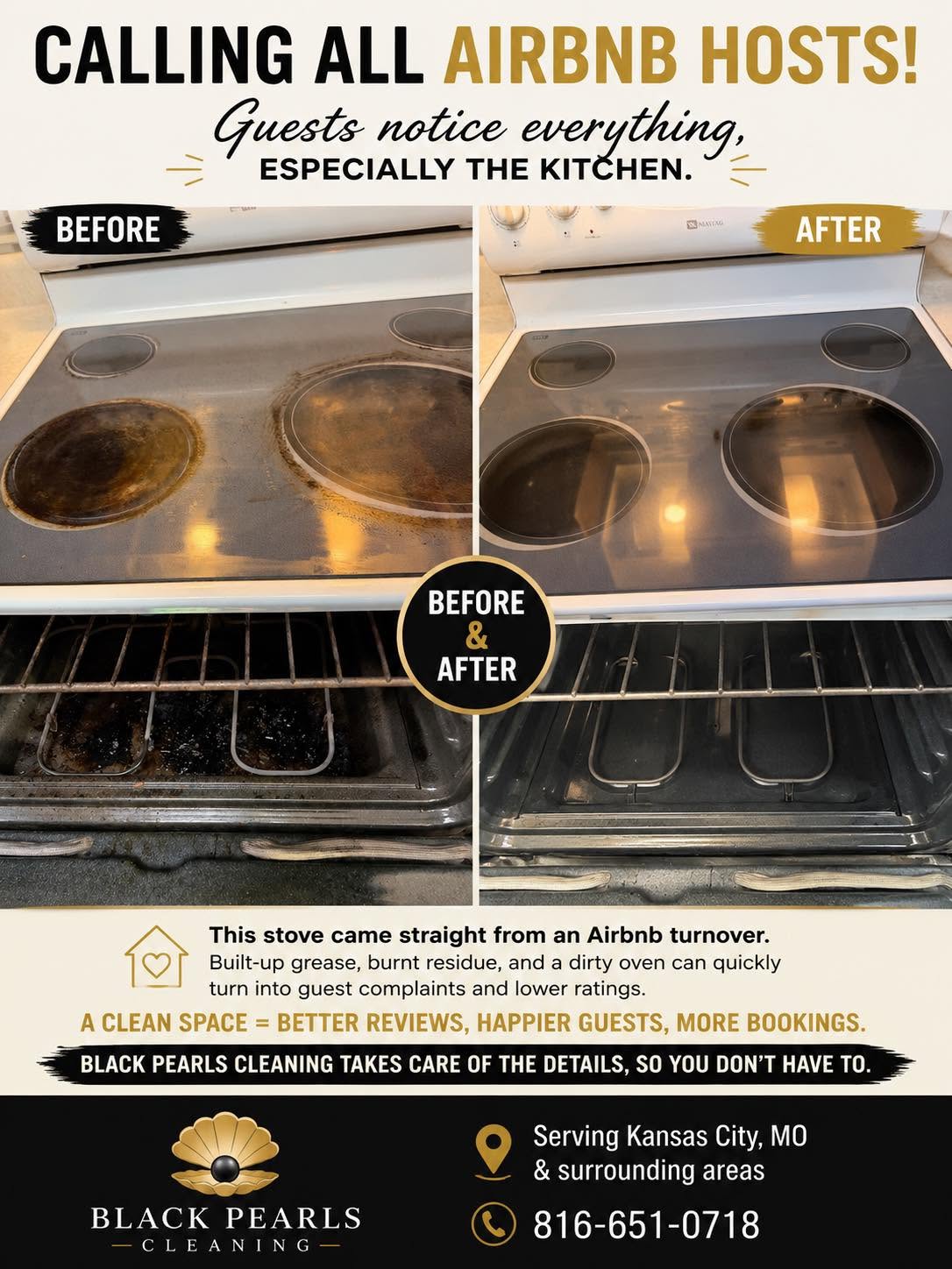 Before and after of a deep-cleaned oven, restored to a like-new shine